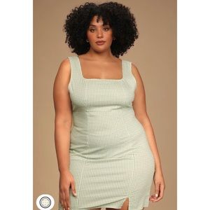 Lulus Happy Chance Sage Green Gingham Square Neck Mini Dress NWT